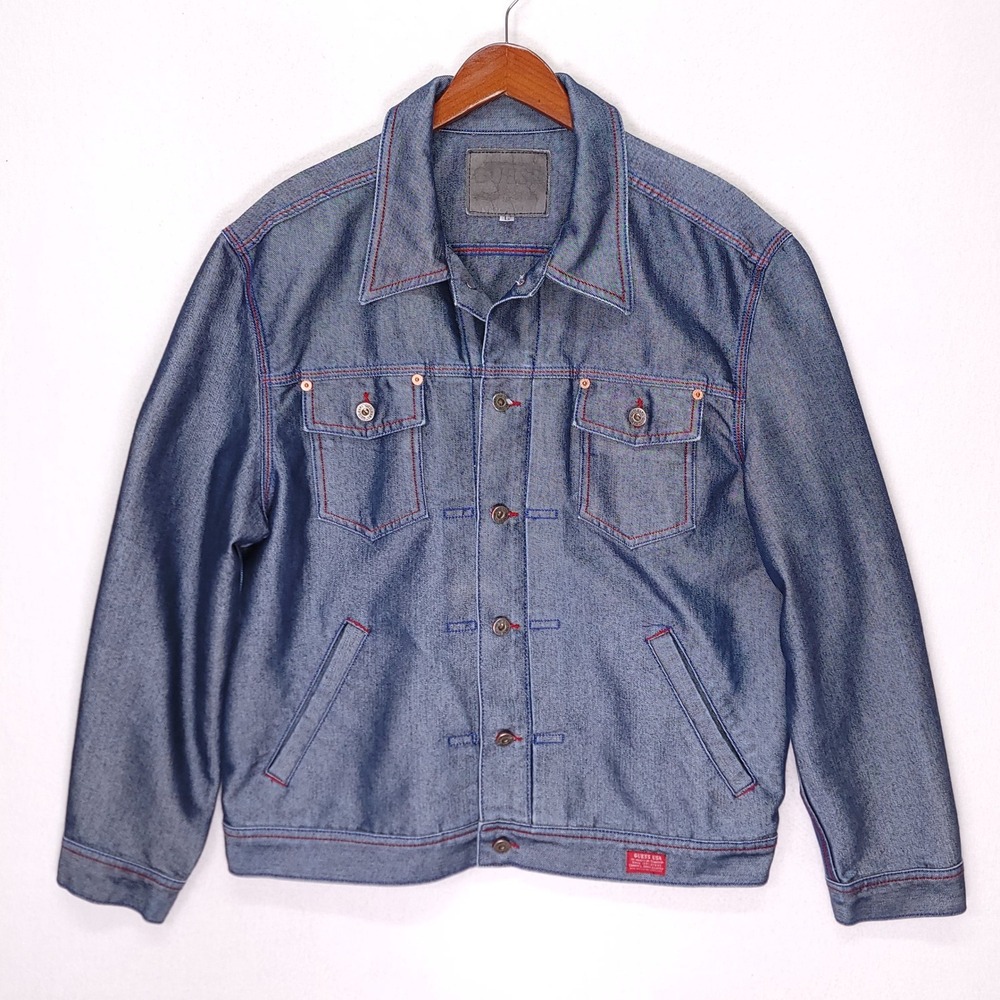 Vintage Guess USA American Tradition Denim Jacket Blue Contrast Stitch Mens L
